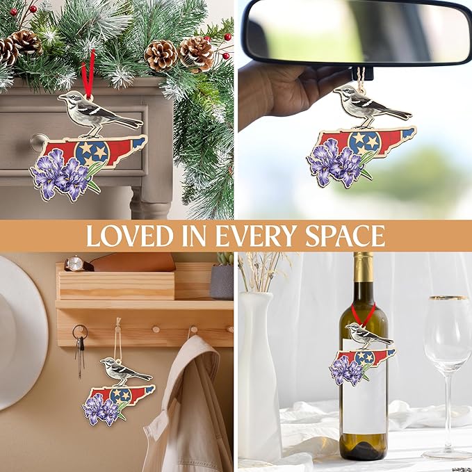 FLAGWIX Christmas Tennessee Gifts for Women Men - Suncatcher Tennessee Christmas Ornaments 2025 - State Ornaments for Tree with Mockingbird and Purple Iris, Xmas Decorations Gifts for Friend Family
