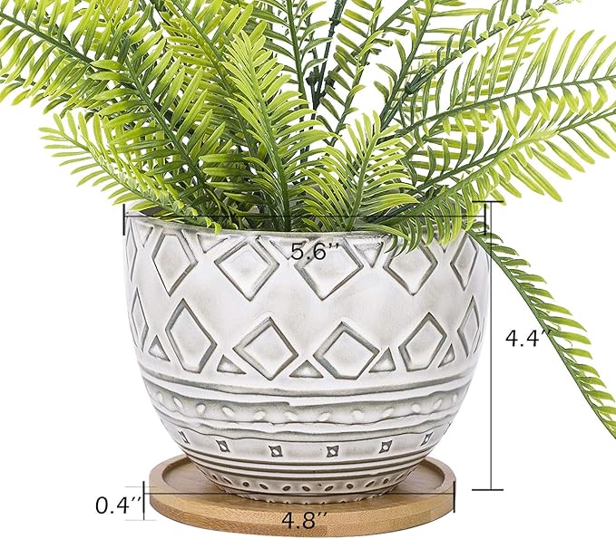 VanEnjoy 5.5 inch Large Round Bohemian Style Ceramic Planter, Geometry Engrave Off White Brown Succulent Planter Flower Pot - Indoor Outdoor Decorative Planter