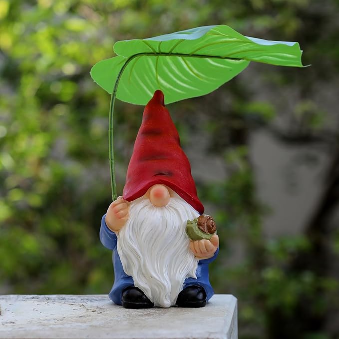 Garden Gnome Statue Decoration with Leaf Umbrella, 7.5” Figurine Ornament for Indoor Outdoor Home Patio Yard Lawn, for Gnome Lovers & Garden Enthusiasts，Mom，Women