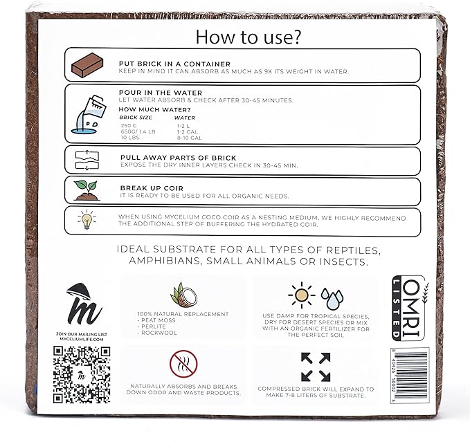 Mycelium Coco Coir Brick I Expandable Organic Coconut Fiber Substrate for Terrarium I Ideal for Reptiles Bedding, Nesting & Burrowing I OMRI Certified & Non-GMO Soil Alternative, 10lbs