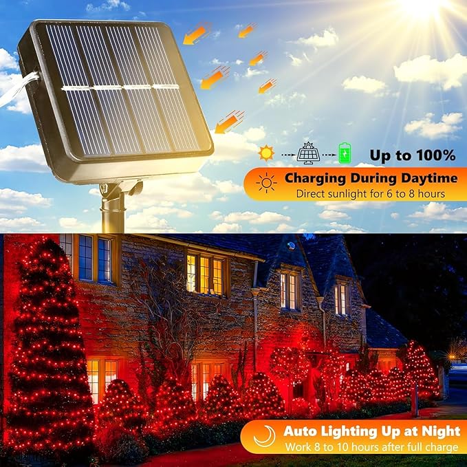 Lomotech Solar String Lights Outdoor - 2 Pack Total 66ft 200LED Solar Fairy Lights Waterproof 8 Modes Twinkle Lights for Outdoor, Patio, Garden, Yard, Party, Wedding, Tree Decoration (Red)