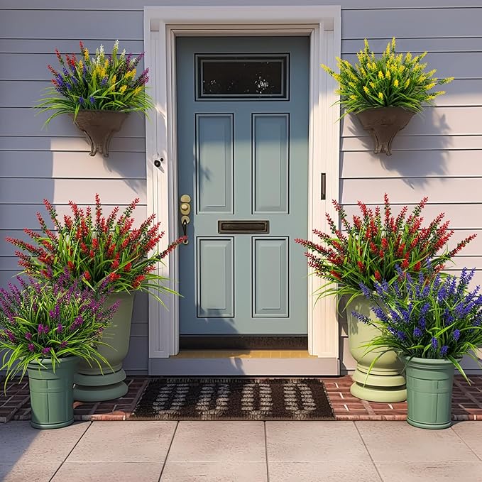 Artificial Flowers for Outdoor Plants 24 Bundles Fake Lavender Plastic Faux Monkey Grass for Verandah Window Garden Office Patio Front Porch UV Resistant for Planter(Red)