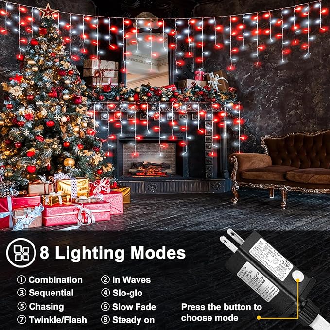 66ft Red and White Christmas Lights, 640 LED Icicle Lights for Outside, Clear Wire Connectable Twinkle Lights with 8 Modes Timer Waterproof for House Window Party Tree Holiday Patio Yard Home Decor