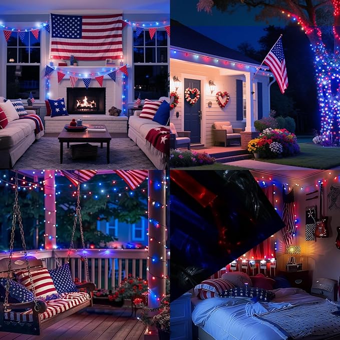 LAMPHOME Red White and Blue Patriotic String Lights, 66ft 200 LED Fairy Lights Plug in, 16 Modes 4th of July Lights Outdoor Waterproof for Independence Day Memorial Day Patriotic Window Decor