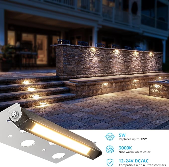 SUNVIE 7 Inch Hardscape Lighting 5W LED Retaining Wall Lights 3000K Warm White Low Voltage Landscape Lighting Waterproof Outdoor Step Lights with Connectors Paver Lights for Retaining Wall ETL, 4 Pack