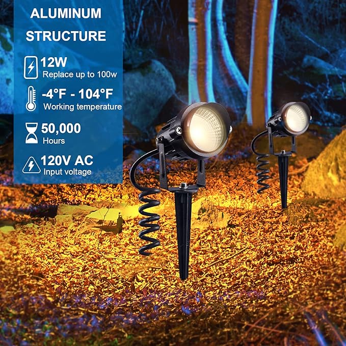 SUNVIE LED Outdoor Spotlight 12W Landscape Lighting 120V AC Waterproof Landscape Lights Spot Lights for Yard with Spiked Stake Warm White Flag Light Garden Decorative Lamp with US 3-Plug in (6 Pack)