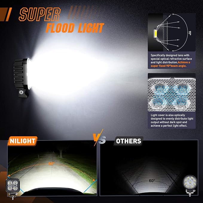 Nilight 2 PCS 3 Inch LED Pods Square 1500LM Built-in EMC Work Lights 90° Flood Beam Angle Offroad Side Light w/ 16AWG DT Wiring Kit for Tractor Truck Boat ATV UTV
