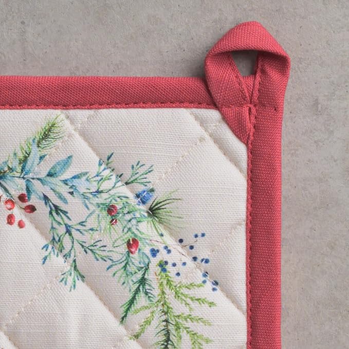 Maison d' Hermine Pot Holders Set 100% Cotton Heat Resistant Potholders 8" x 8" Hot Pads with Loop for Thanksgiving Christmas Decorations BBQ Cooking Baking Handling Hot Pans (Pack of 2, Holly Time)