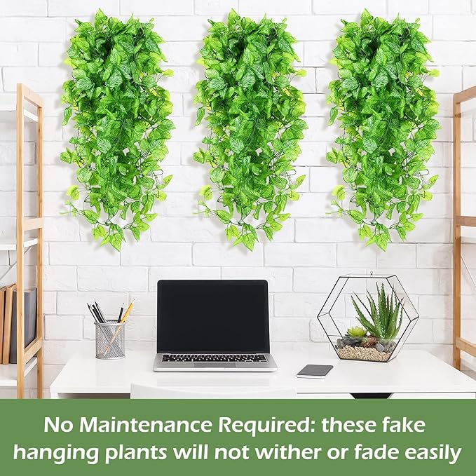 Hoteam 12 Pcs Artificial Hanging Plants 32 Inch Fake Ivy Vines with Fake Leaves Patio Artificial Plants Greenery for Living Room Indoor Outdoor Wall, No Basket (Marble Queen Pothos)