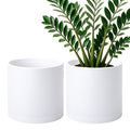 D'vine Dev 2 Pack 10 Inch Modern Plastic Plant Pots, Cylindrical Garden Planters for Plants with Drainage Holes and Saucers, White, 74-Z-N-1