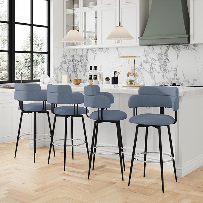 Swivel Bar Stools Set of 2, Counter Height Bar Stools with Ergonomic Full Back, Upholstered Linen Fabric Barstools with Chrome Metal Footrest for Kitchen Island, Dining Room