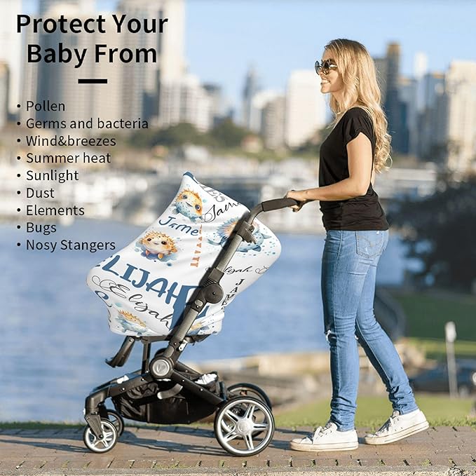 Personalized Baby Car Seat Cover with Name Stroller Canopy Custom Pufferfish Carseat Cover Newborn Baby Boy Girl Nursing Cover for Moms First Birthday Gift