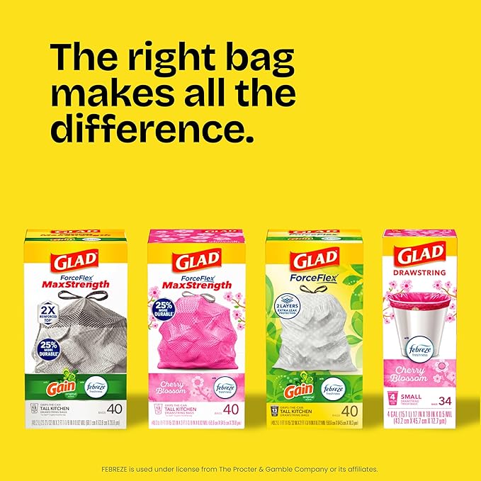 Glad ForceFlex Tall Kitchen Drawstring Trash Bags, 13 Gal, Gain Original