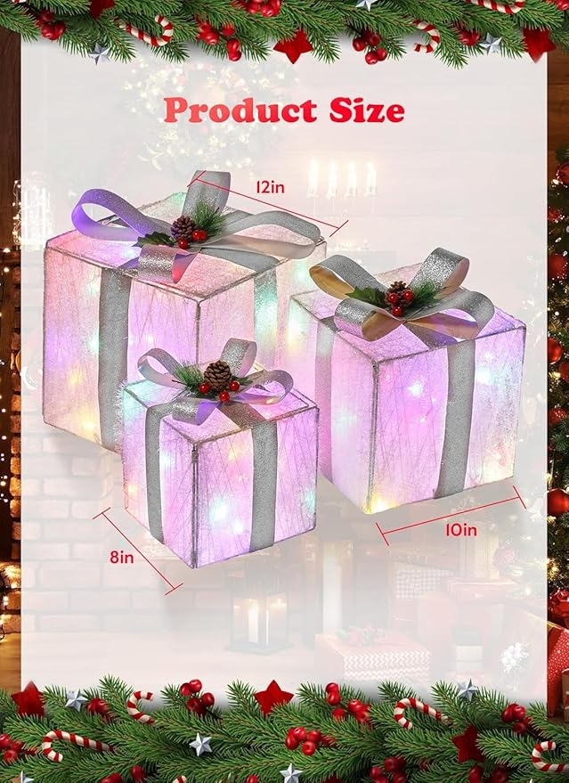 3 Pieces Foldable Christmas Decorations Lighted Gift Boxes, 12" 10" 8" with 60 Pre-Lit Mini String Lights，LED Xmas Gift Boxes with Bows for Tree Indoor Outdoor Holiday Party Yard Home Decor
