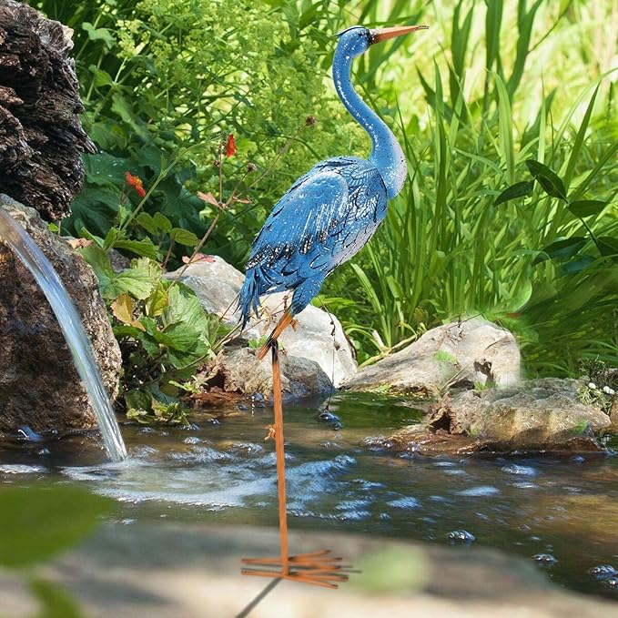 Nacome Large Standing Blue Metal Crane Garden Statue: Indoor Outdoor Heron Animal Sculpture for Patio Backyard Porch Yard Bird Art Lawn Decor - 36.6inch Gifts for Grandma Mom