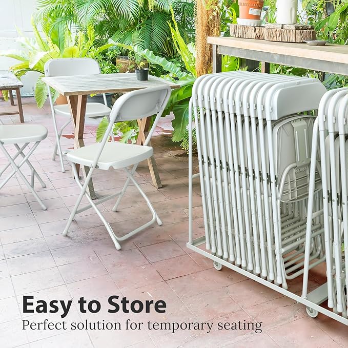 4 PACK White Foldable Plastic Chair | Folding & Stackable | 350 lbs Capacity Steel Frame Seats for Indoor Outdoor | Commercial Use Events Wedding Party Events Bulk Picnic Kitchen Dining