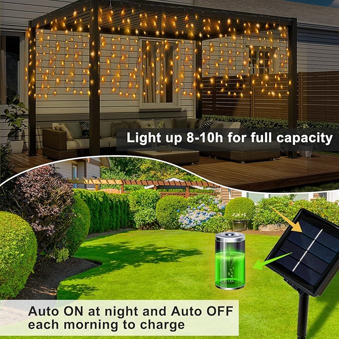 DBFAIRY Solar Curtain Lights,19.6ft x 3.3ft 300 LED Outdoor Christmas Solar Curtain Lights Waterproof Green Wire with 8 Mode for Garden Handrail Railing Eaves Wall Decoration -Warm White