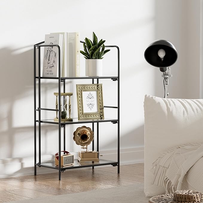 Crofy No Assembly Folding Bookshelf for Living Room, 3 Tier Black Collapsible Book Shelf for Home Office, Portable Bookcase Storage Organizer
