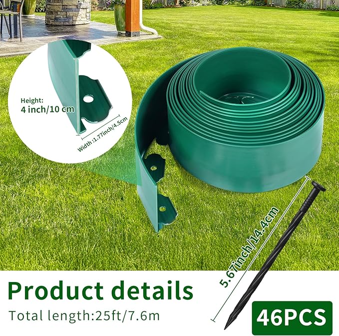 4 in x 25 Ft Garden Landscape Edging, No Dig Garden Edging Border Kit with 46 Pcs Spikes for Flower Bed Lawn Yard Grass Green