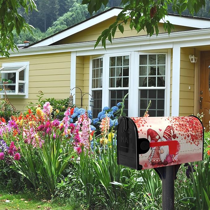 Valentines Gnomes Kiss Mailbox Cover Standard Size 21 X 18 Love Hearts Rose Magnetic Mailbox Covers Red Letter Box Cover Wraps for Garden Yard