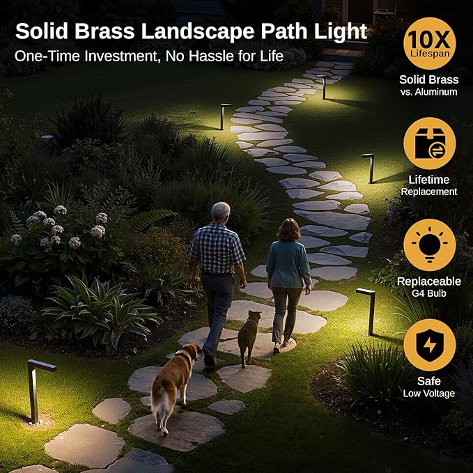 Gardenreet Low Voltage Pathway Lights Brass, LED Landscape Path Lights, Yard Lights Outdoor Waterproof IP65, 12V Wired L Shape Bronze for Garden Walkway with 3W 270LM 2700K G4 Bulb 4 Pack