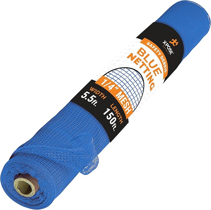 Xpose Safety Construction Safety Debris Netting - 150 Ft Temporary Material Roll, 1/4" Mesh Scaffold Net Enclosure, Visibility Barrier, Fencing Roll, Heavy Duty Fire Retardant 5.5 ft x 150 ft, Blue