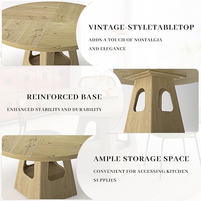 Round Dining Table for 4, Farmhouse 47 Inch Wood Dinner Tables with Storage Base for Kitchen Dining Living Room 4-6 People Gathering, Natural