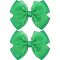 Tiny 3 Inch Organza Double Hair Bow Clips - Lined Boutique Alligator Hairpin for Baby Girls, Toddlers, and Little Teens - Kids Barrettes Set of 2 Small Stylish (Green)
