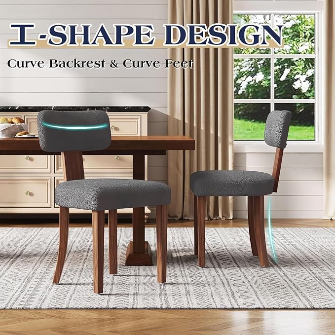 Farmhouse Chair Set of 2, Mid Century Modern Dining Chairs, Sherpa Upholstered Kitchen Chairs with Curved Backrest & Adjustable Legs for Living Room/Bedroom, Easy to Install, Grey Sherpa