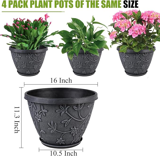 4 Pack 16 Inch Large Plant Pot for Outdoor, Plastic Flower Pot Indoor with Drainage Hole & Saucer, Modern Decorative Garden Pot, Imitation Magnolia Garden Pots for House Planters（Gray）