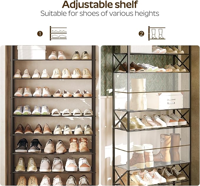 8 Tier Shoe Rack, Large Capacity Shoe Storage Organizer Holds 32 Pairs, Durable and Stable, for Entryway, Hallway, Closet, Dorm Room, Charcoal and Black SS08BC