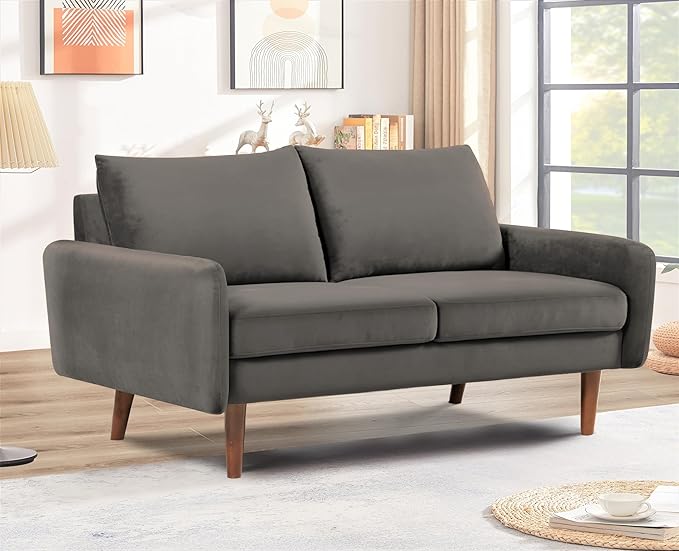 Container Furniture Direct Kent Velvet Loveseat Sofa for Modern Living Rooms and Compact Spaces, Comfy 2 Seater Couch Studio Apartment Furniture with Sleek Design, Grey