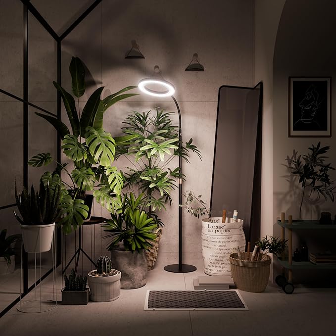 Grow Light Plant Light for Indoor Plants, Full Spectrum Grow Lamp with Pedestal Stand, Automatic Timer for 3H/9H/12H, 10 Dimmable Levels, Height Adjustable 51-67in Black