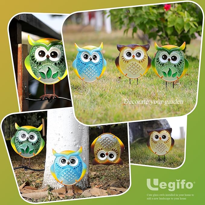Owl Garden Decor for Outside, Stand & Tree Hugger Outdoor Owls Statues Yard Art Set of 3, Funny Metal & Glass Figurines Gifts for Grandma Mom Women
