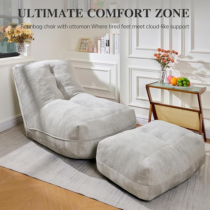 Bean Bag Chair with Ottoman, Comfy Bean Bag Sofa with Memory Foam, Lazy BeanBag Sofa with Footstool, Fireside Bean Bag Couch for Living Room, Bedroom, Apartment (Gray)