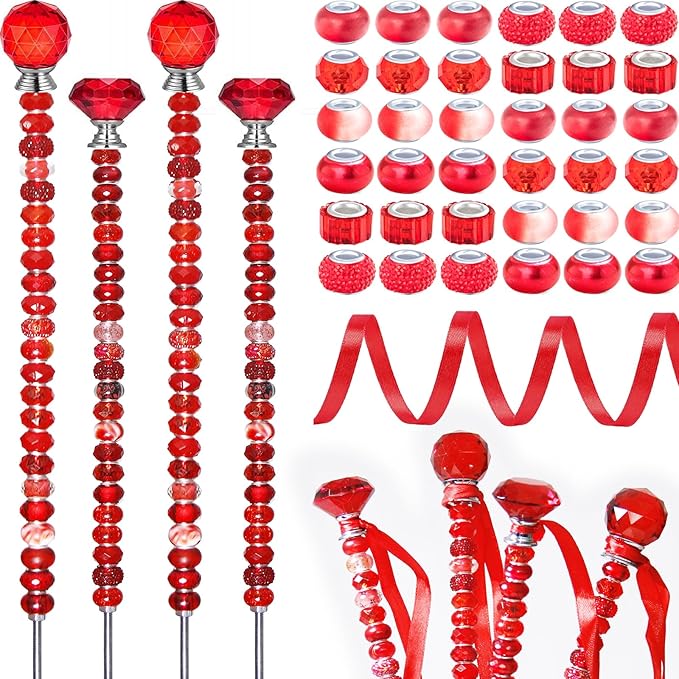 119Pcs Garden Stake DIY Fairy Wand Plant Stake with Red Large Hole Beads Crystal Diamond Stopper Top 4 Stainless Steel Threaded Rod Beaded Garden Stakes for Outdoor Indoor Yard Patio Decorations
