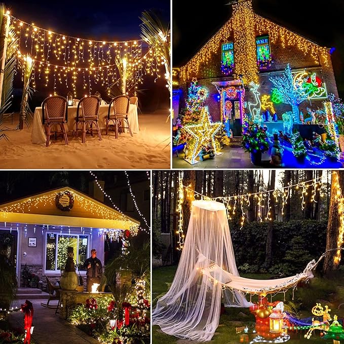 Warm White Christmas Lights Outdoor, 66ft 640 LED Icicle Lights for Outside House with Connectable Clear Wire 8 Modes Timer, Plug in Waterproof for Eaves Yard Party Indoor Holiday Decoration