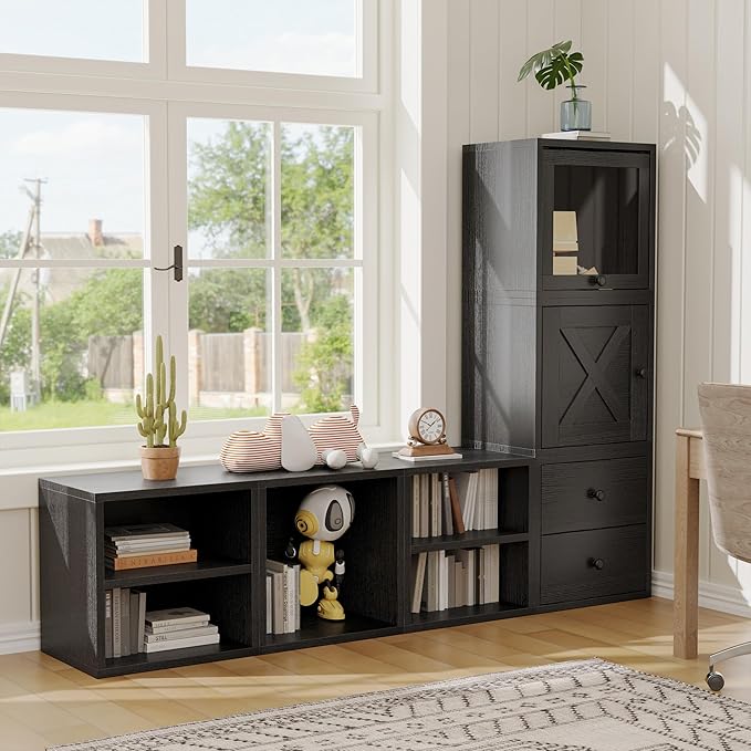 FUSUNBAO Magic DIY Cube Storage Organizer Stackable Cubes for Home Books Clothes Toy-Modular Cubby Storage System-Office Cubical-Bookcase Closet (Black, Door Cube)