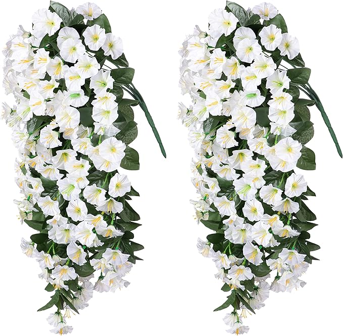 HyeFlora Artificial Fake Hanging Flowers Plants Vines for Outdoor Summer Decoration, 2PCS Faux Silk White Morning Glory Look Real UV Resistant for Home Outside Planter Porch Patio