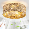Handwoven Boho Ceiling Fan with Light,Rattan Caged Ceiling Fans with Lights and Remote Control Flush Mount Low Profile Enclosed 6 Speeds Fandelier for Bedroom,Living Room,Dining Room,4-Light