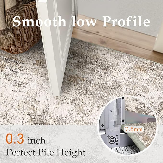 5x7 Washable Area Rug Brown Grey Neutral Abstract Living Room Bedroom Throw Rug Non Slip Soft Low Pile Indoor Floor Carpet for Dining Room Kitchen Office Entryway Home
