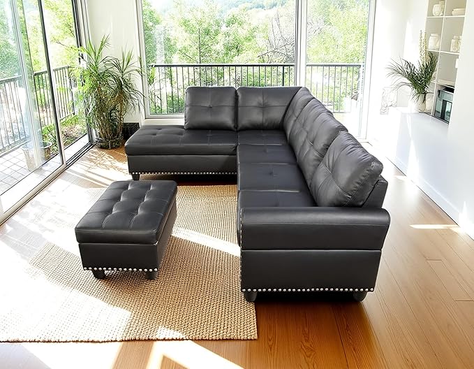 98 Inch L Shaped Sectional Sofa with Chaise Lounge, Storage Ottoman and 2 Pillows, 4-Seaters Faux Leather Upholstered Tufted Couch w/Cupholder & Nailhead Trim for Living Room, Office, Black