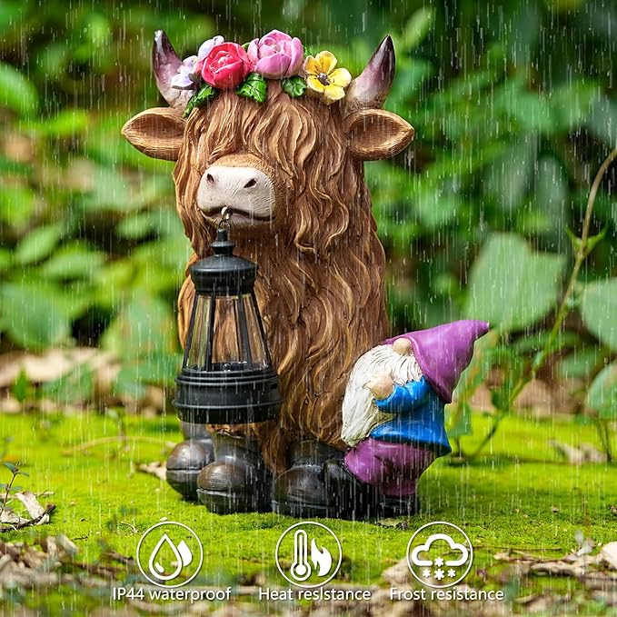 TOLIMI Garden Lantern Statues Resin Highland Cow with Gnome Outdoor Solar Light Decor Funny Decorations for Yard and Patio Gifts