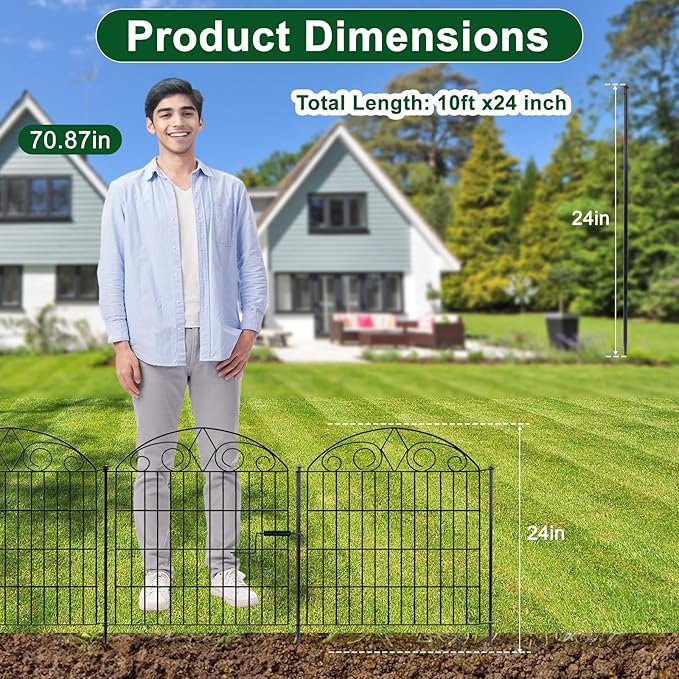 SUNLAX 10 Panels Garden Fence 20ft(L) x 24in(H) Metal No Dig Fence Animal Barrier for Dogs Temporary Fence for Backyard Outdoor Garden with Gate