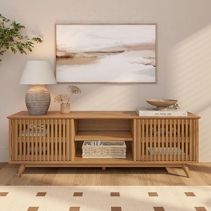 Plank+Beam Mid-Century Modern Wood TV Stand, Solid Wood Entertainment Console with Storage, 59" L x 16" W x 19" H, Pecan