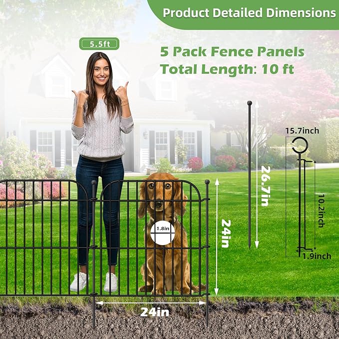 5 Panels No Dig Decorative Outdoor Garden Fence with Gate, 24 in(H) x 10 ft(L) Rustproof Metal Wire Panel Border for Yard & Patio Decor, Temporary Animal Barrier Fencing for Dog and Small Pets