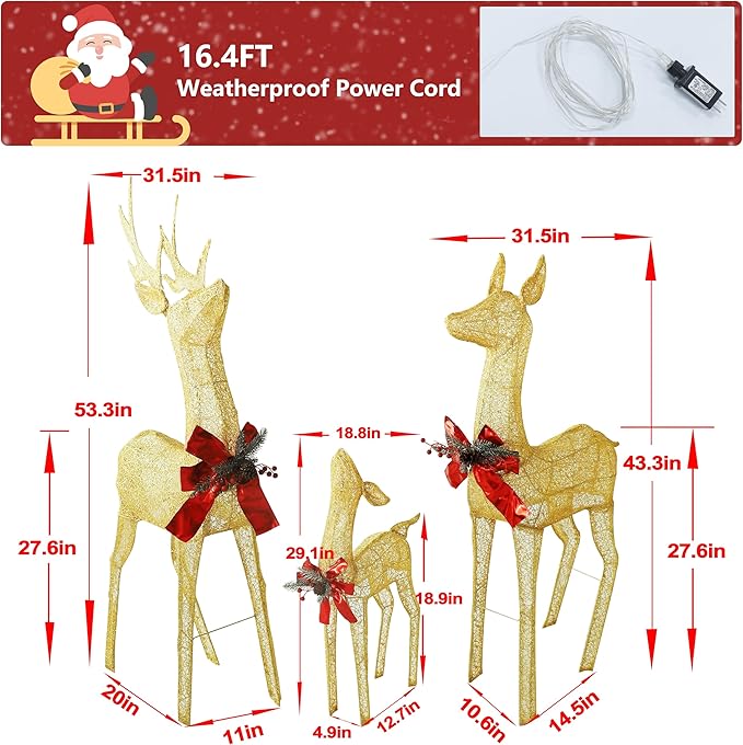 MUPATER Outdoor Christmas Decoration Lighted Deer Family Set Indoor, Christmas Holiday Yard Decor 3-Piece Set for Lawn and Home Party with Lights, Ground Stakes and Zip Ties, Gold