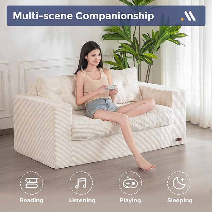 MAXYOYO Bean Bag Chair for Adults, Upholstered Floor Sofa with Armrests, Loveseat Boneless Couch with Tufted Cushion & Backrest, Sofa in A Box, Large Bean Bag Couch for Bedroom Living Room, Beige