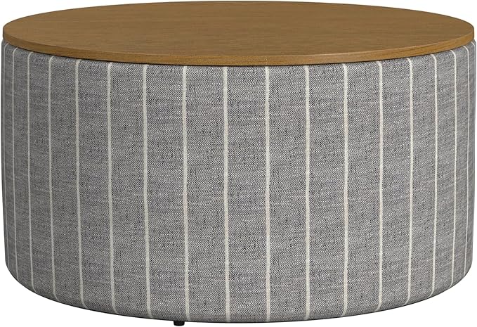HomePop Modern Fabric Storage Ottoman with Wood Top - Midnight Gary Woven Stripe