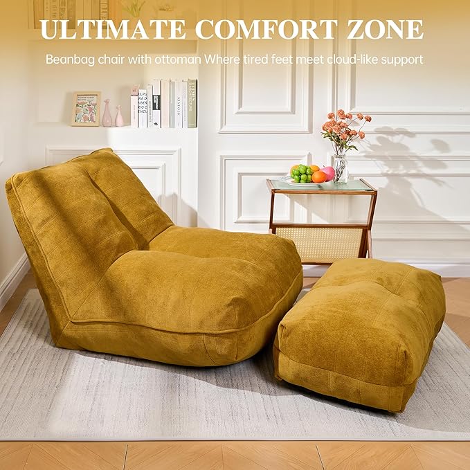 Bean Bag Chair with Ottoman, Comfy Bean Bag Sofa with Memory Foam, Lazy BeanBag Sofa with Footstool, Fireside Bean Bag Couch for Living Room, Bedroom, Apartment (Yellow)